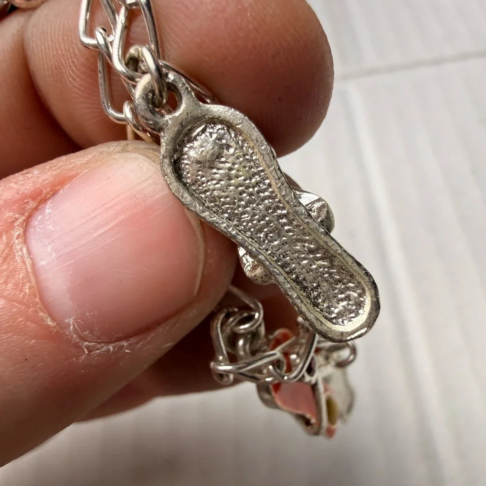 Vintage Silver Tone Enamel Flip Flop Charm Bracelet Sandals‎ Beach Colorful Y2K